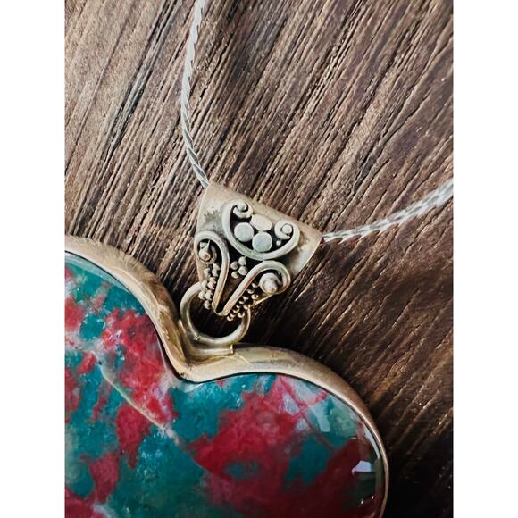 Large Sterling Silver Bloodstone Heart Pendant Red Green Pattern Decorative Bail - Picture 7 of 7